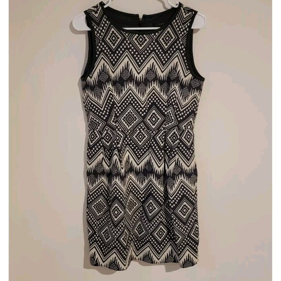 J Crew Sheath Dress Size 6 Aztec Tan Black Tribal Knee Length Boho Zig Zag - Picture 1 of 7